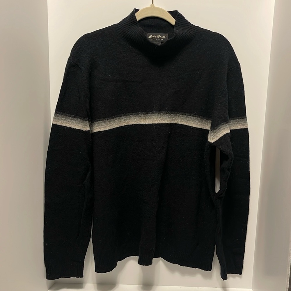 Eddie Bauer Men’s XL 100% Lambs Wool Black Grey Stripe Sweater Mock Neck